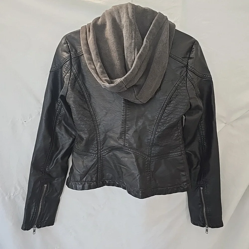 Free‎ People Soft Leather Jacket Moto Bomber Detachable Hood Black Size 4